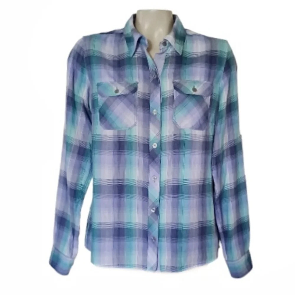 Marmot Womens Blue Teal Plaid Button Down Preppy Outdoor Activewear Hiking Fish
